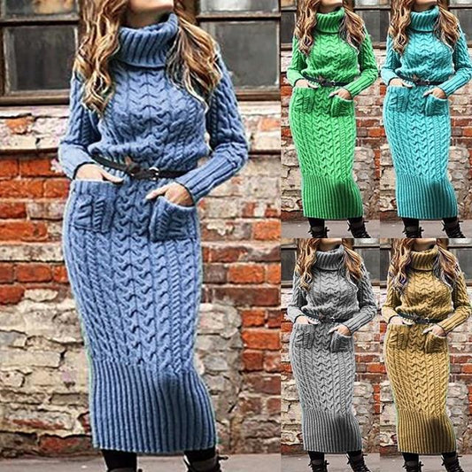 Turtleneck pullover pocket knitted sweater dress