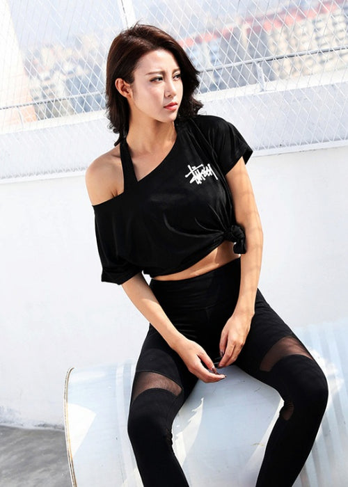 New summer loose off-shoulder women printed letter short-sleeved fitness gym running sports quick-drying yoga t-shirt tops