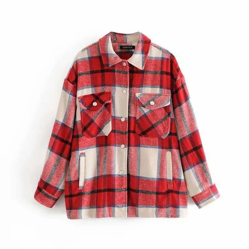 Vintage Stylish Pockets Oversized Plaid Jacket Coat Women Fashion Lapel Collar Long Sleeve Loose Outerwear Chic Tops