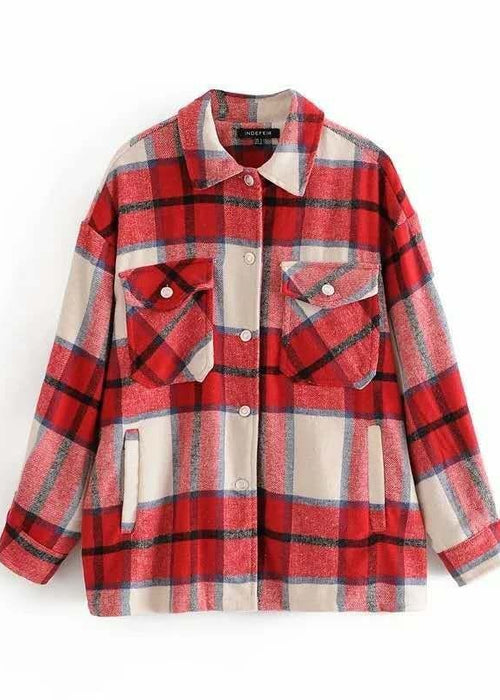 Vintage Stylish Pockets Oversized Plaid Jacket Coat Women Fashion Lapel Collar Long Sleeve Loose Outerwear Chic Tops