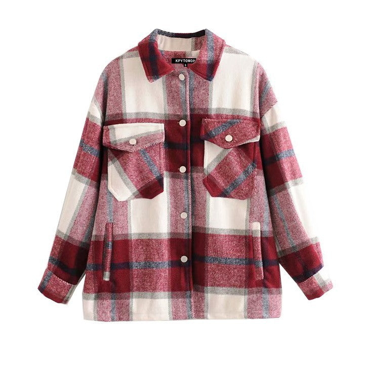 Vintage Stylish Pockets Oversized Plaid Jacket Coat Women Fashion Lapel Collar Long Sleeve Loose Outerwear Chic Tops