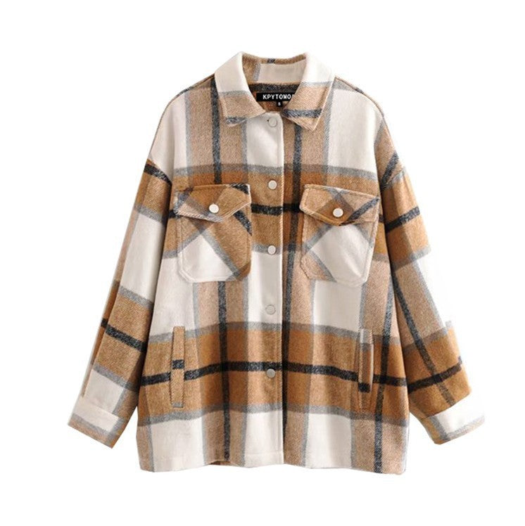 Vintage Stylish Pockets Oversized Plaid Jacket Coat Women Fashion Lapel Collar Long Sleeve Loose Outerwear Chic Tops