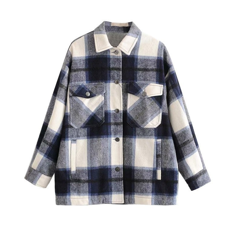 Vintage Stylish Pockets Oversized Plaid Jacket Coat Women Fashion Lapel Collar Long Sleeve Loose Outerwear Chic Tops