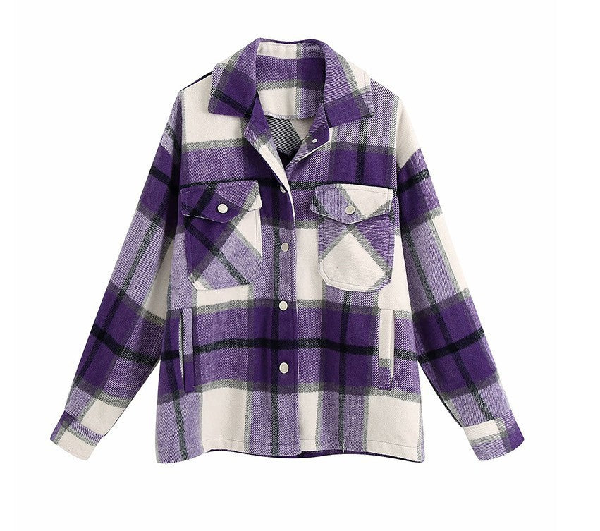 Vintage Stylish Pockets Oversized Plaid Jacket Coat Women Fashion Lapel Collar Long Sleeve Loose Outerwear Chic Tops