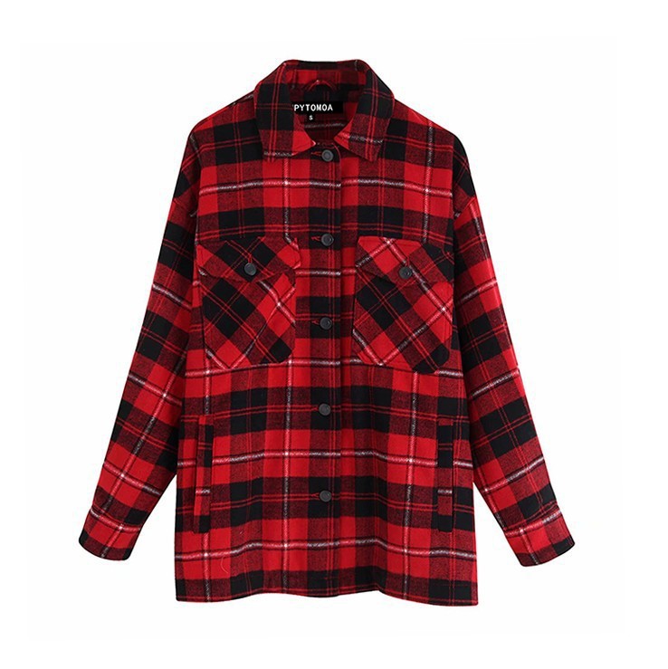 Vintage Stylish Pockets Oversized Plaid Jacket Coat Women Fashion Lapel Collar Long Sleeve Loose Outerwear Chic Tops