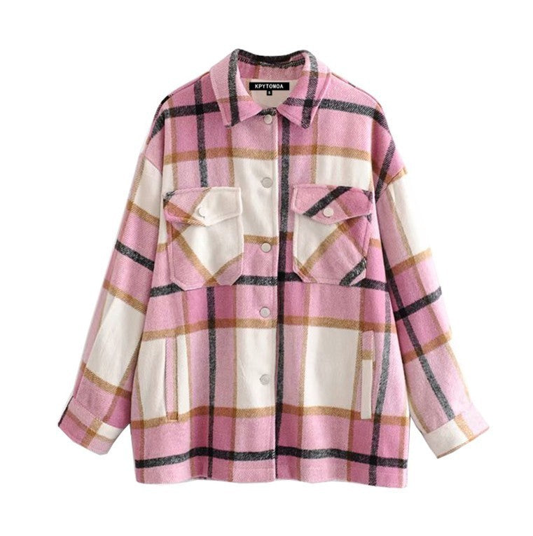 Vintage Stylish Pockets Oversized Plaid Jacket Coat Women Fashion Lapel Collar Long Sleeve Loose Outerwear Chic Tops