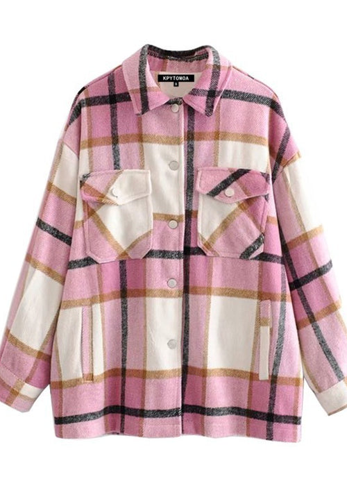 Vintage Stylish Pockets Oversized Plaid Jacket Coat Women Fashion Lapel Collar Long Sleeve Loose Outerwear Chic Tops