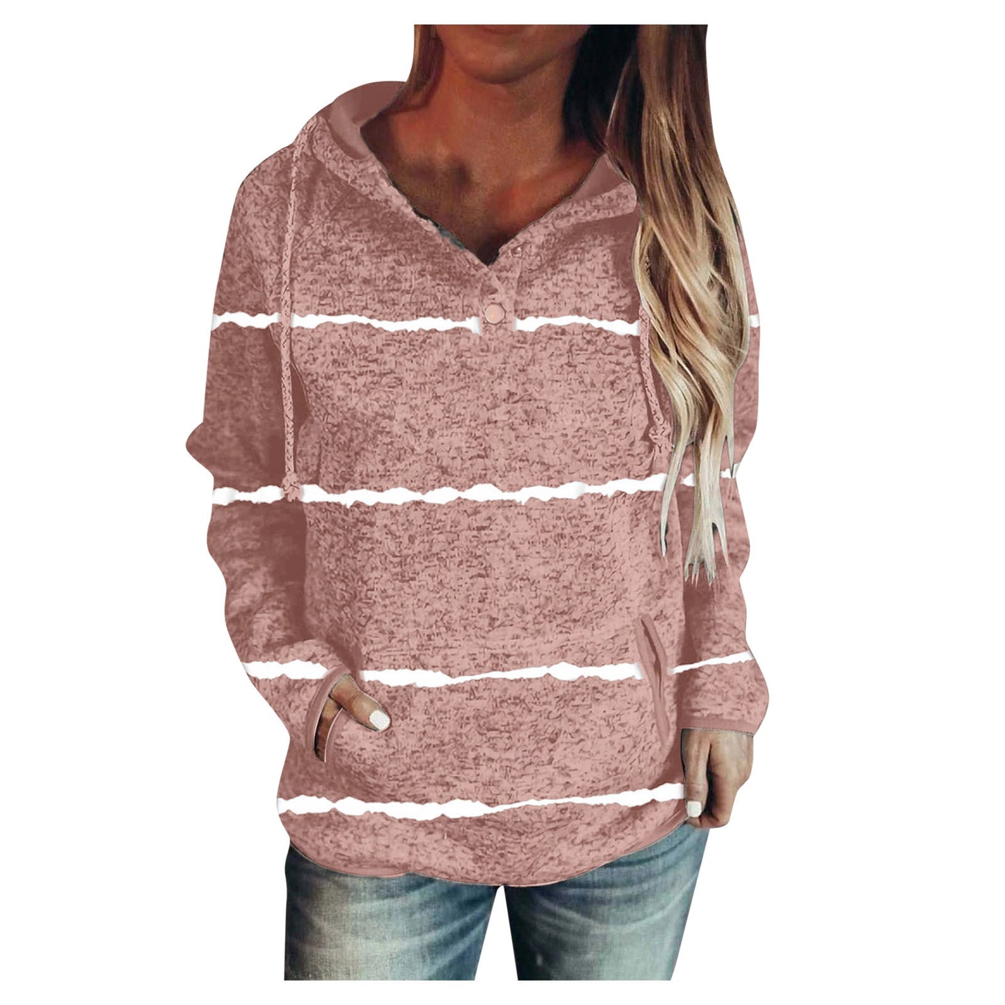 Solid Color Striped Hooded Pullover Long Sleeve Sweater