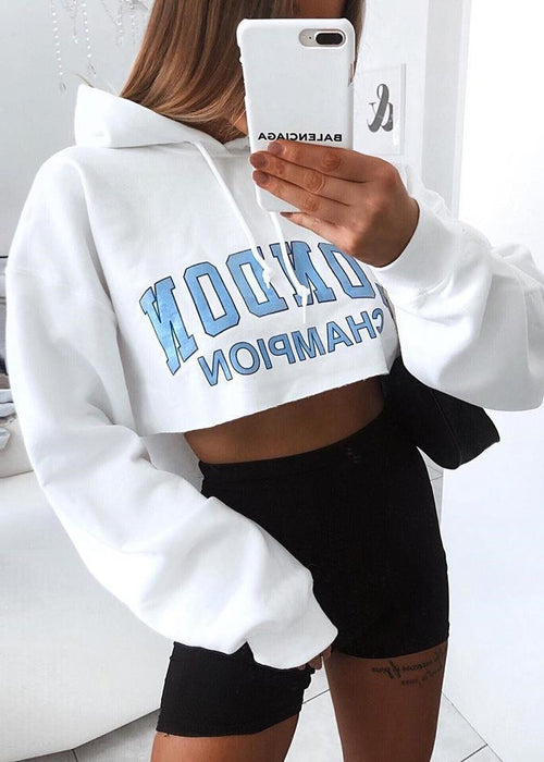 Long Sleeve Short Sweatshirt Blue Letter White Hooded Cropped Hoodies