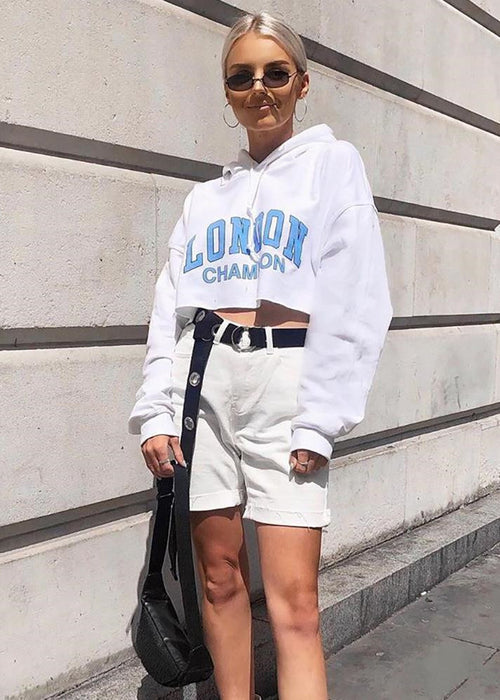 Long Sleeve Short Sweatshirt Blue Letter White Hooded Cropped Hoodies