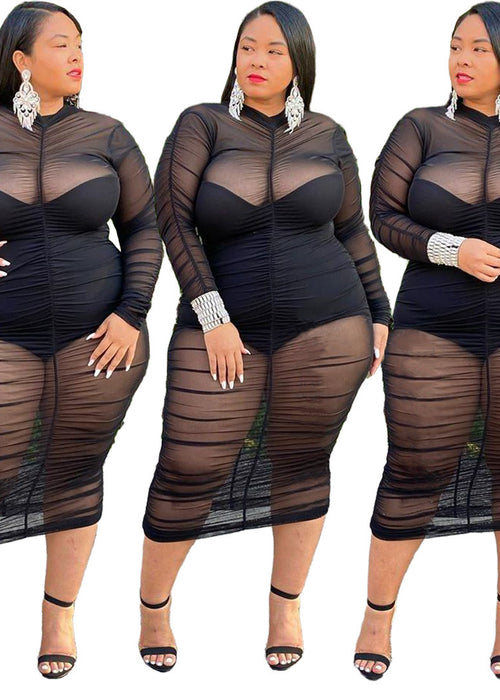 Plus Size Clothing Dresses for Women Long Sleeve Dress with Bodysuit Lining Sexy Mesh Bodycon Dress Wholesale Dropshipping