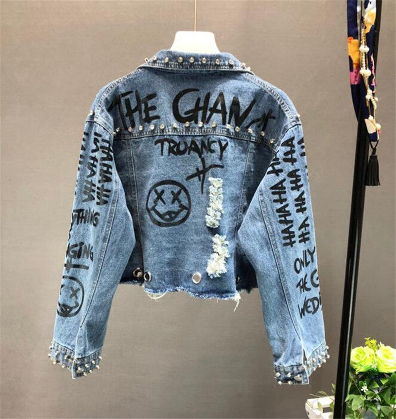 Fashion Diamond Beads Graffiti Printed Design Short Denim Jacket Coat Casual Women Cowboy Jeans Coats Outerwear