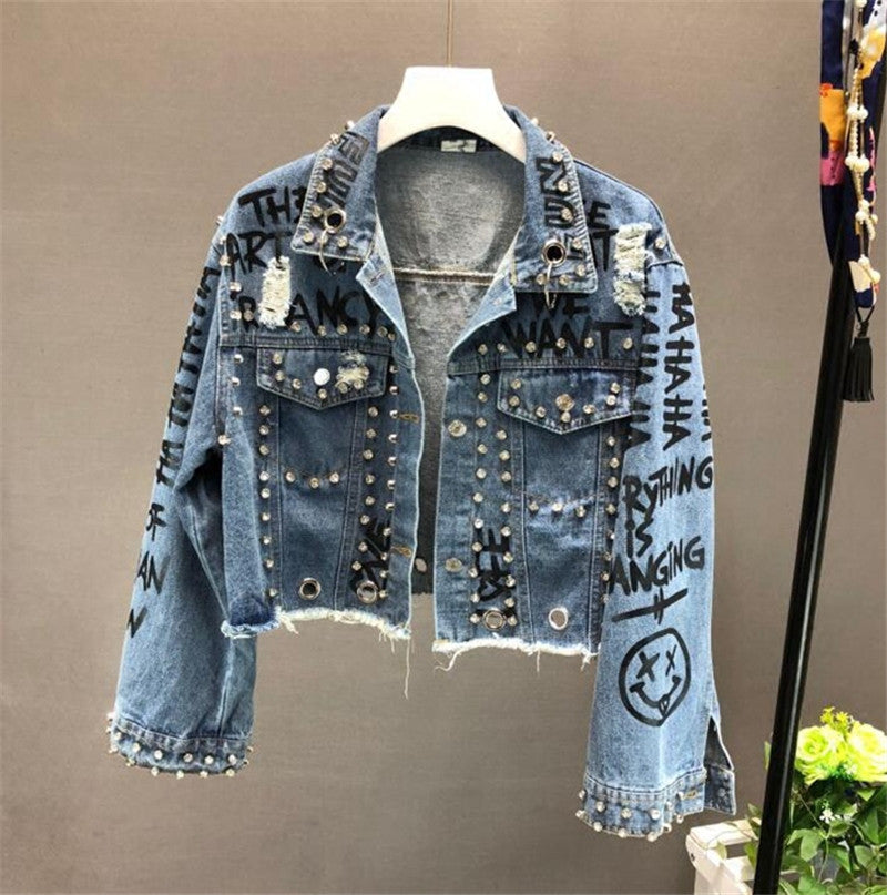 Fashion Diamond Beads Graffiti Printed Design Short Denim Jacket Coat Casual Women Cowboy Jeans Coats Outerwear