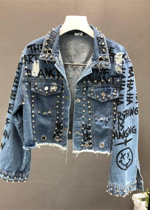 Fashion Diamond Beads Graffiti Printed Design Short Denim Jacket Coat Casual Women Cowboy Jeans Coats Outerwear