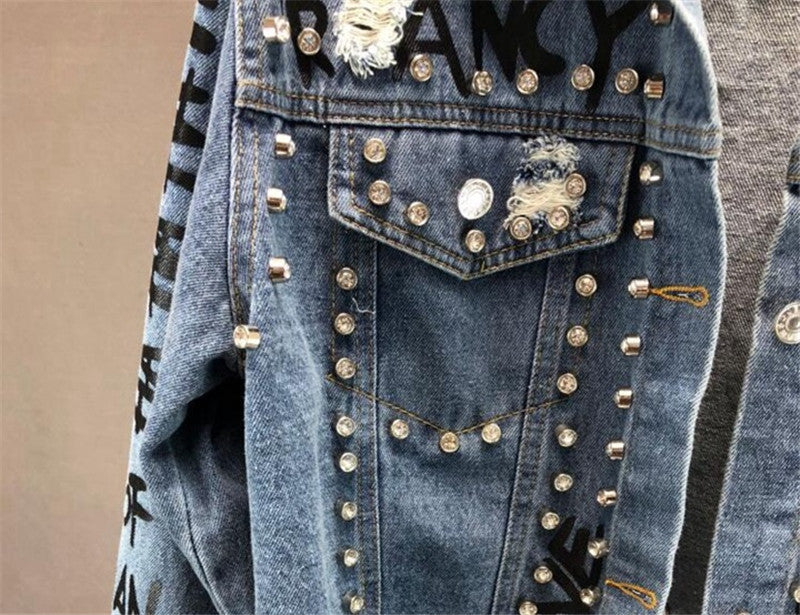 Fashion Diamond Beads Graffiti Printed Design Short Denim Jacket Coat Casual Women Cowboy Jeans Coats Outerwear