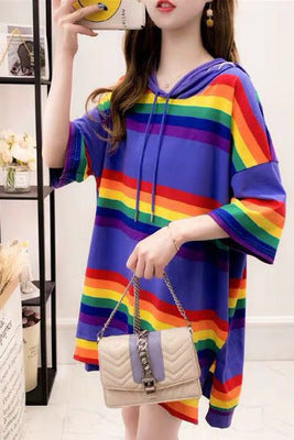 Harajuku Rainbow Stripe Hoodies Women Sweatshirt Loose Pullover For Sweet Girls Pastel Fahion Pink Clothes Cute Japanese Hoodies