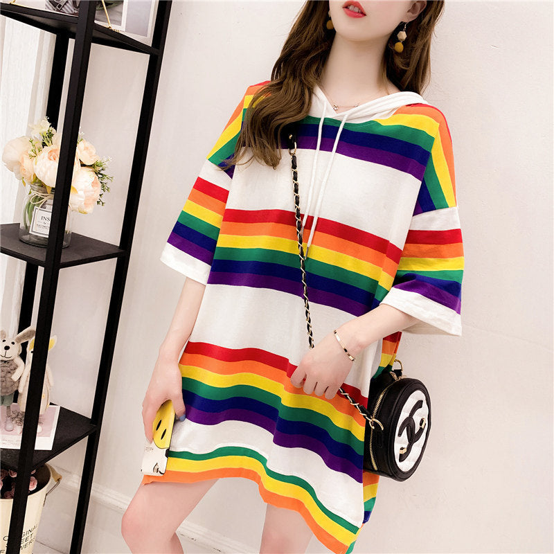 Harajuku Rainbow Stripe Hoodies Women Sweatshirt Loose Pullover For Sweet Girls Pastel Fahion Pink Clothes Cute Japanese Hoodies