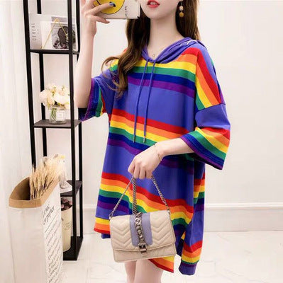 Harajuku Rainbow Stripe Hoodies Women Sweatshirt Loose Pullover For Sweet Girls Pastel Fahion Pink Clothes Cute Japanese Hoodies