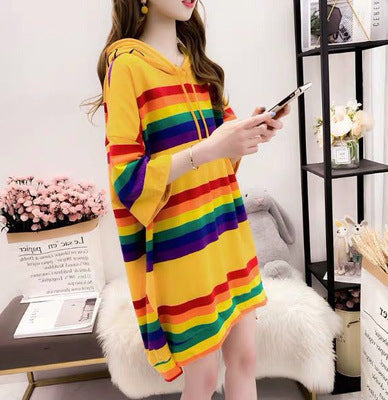 Harajuku Rainbow Stripe Hoodies Women Sweatshirt Loose Pullover For Sweet Girls Pastel Fahion Pink Clothes Cute Japanese Hoodies