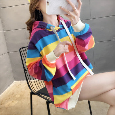 Harajuku Rainbow Stripe Hoodies Women Sweatshirt Loose Pullover For Sweet Girls Pastel Fahion Pink Clothes Cute Japanese Hoodies