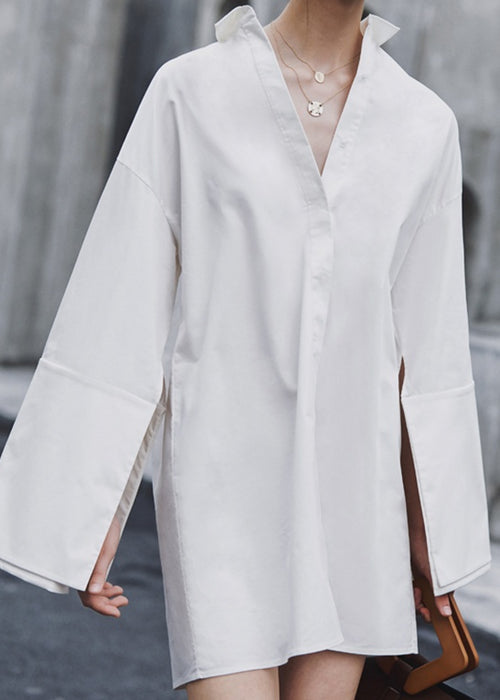 Loose Shirt Dress Women Lapel Collar Side Split Long Sleeve Summer Dresses