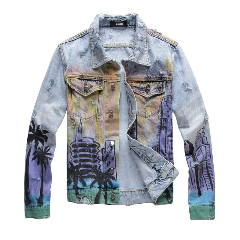 Graffiti Digital Print Slim Jacket Men Trendy Punk Denim Jacket