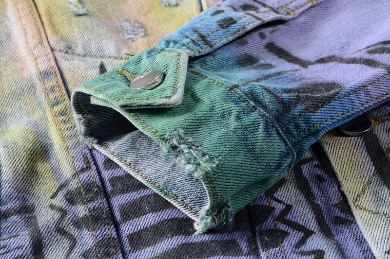 Graffiti Digital Print Slim Jacket Men Trendy Punk Denim Jacket