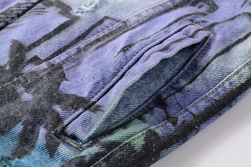 Graffiti Digital Print Slim Jacket Men Trendy Punk Denim Jacket