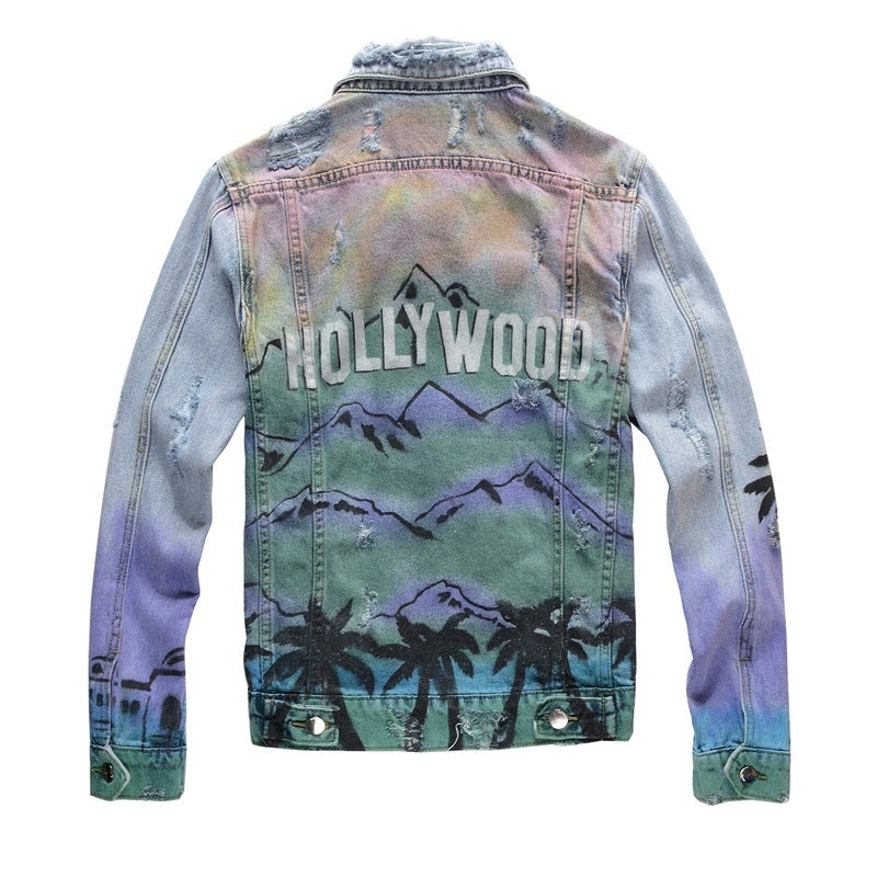 Graffiti Digital Print Slim Jacket Men Trendy Punk Denim Jacket