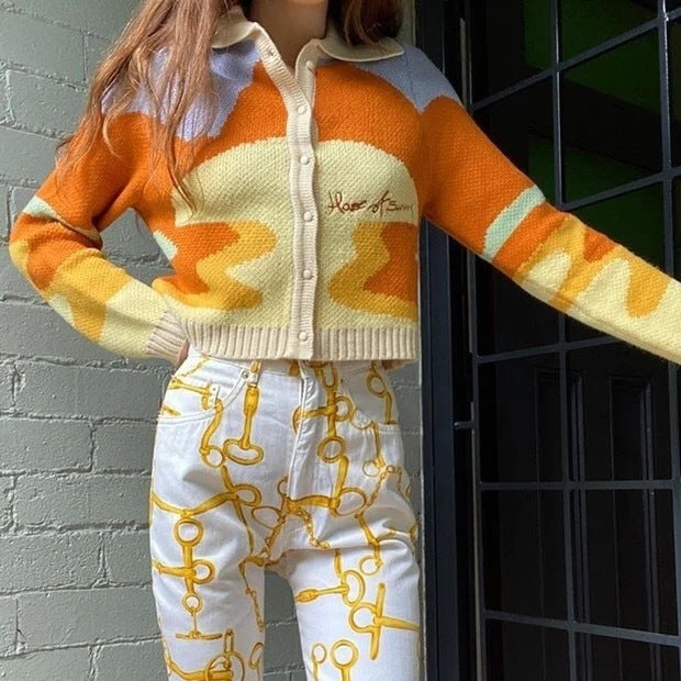 New Single Breasted Knit Sweater Women Lapel Long Sleeved Sweater Cardigan
