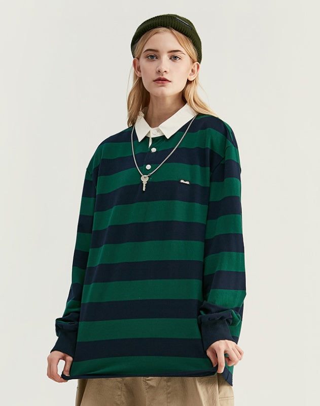 Striped loose lapel long sleeve t-shirt