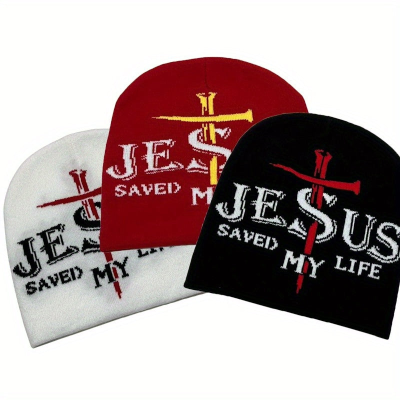 3pcs, Jesus Saved My Life Rapper Unisex Jacquard Beanie Hat for Autumn and Winter Outdoor Versatile Cycling Warm Adult Hats in Three Colors: Red, Black, White