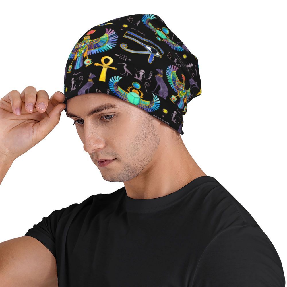 Egyptian Symbols Cat Hip Hop Funky Knit Cap - Unisex Polyester Spandex Hats with Windproof Design by Biihudu