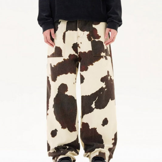 Men's Casual American Retro Cows Pattern Straight-leg Trousers