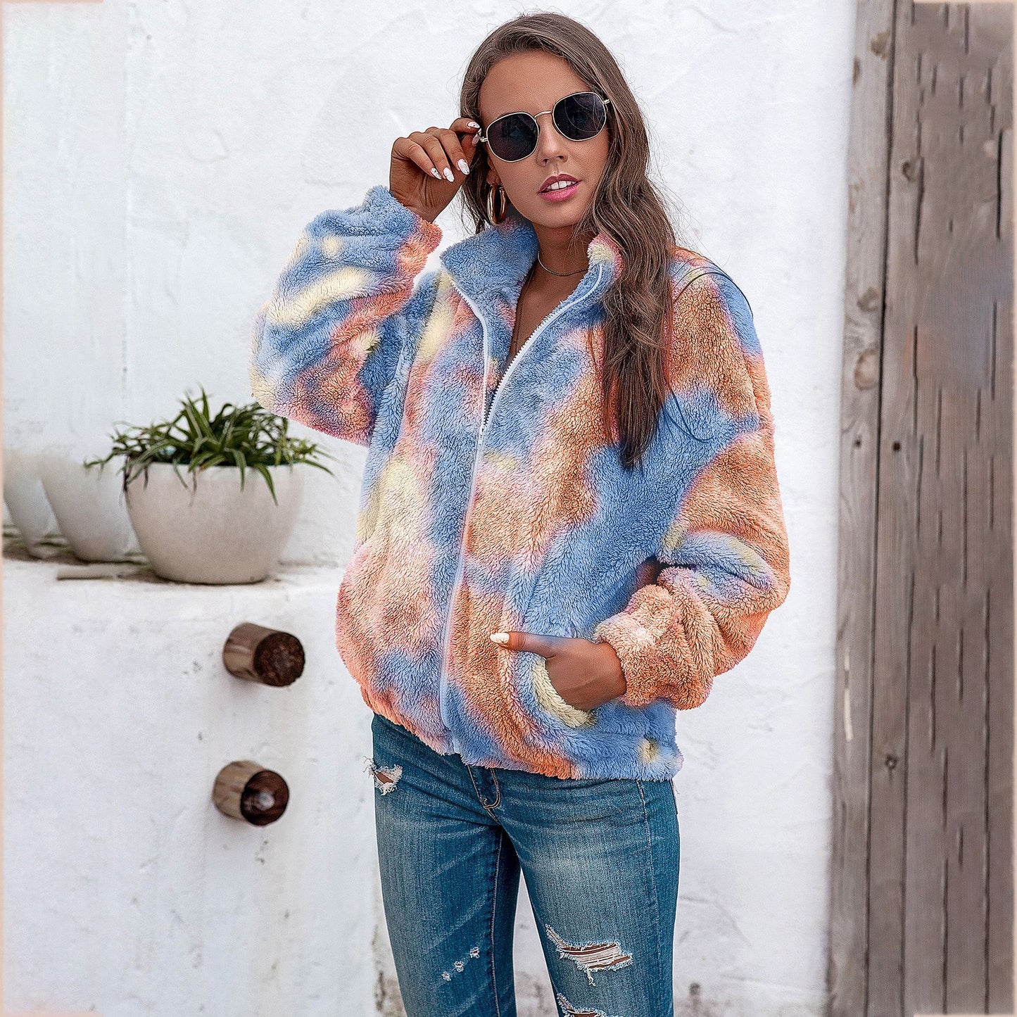 Ladies tie-dye plush coat with zipper top