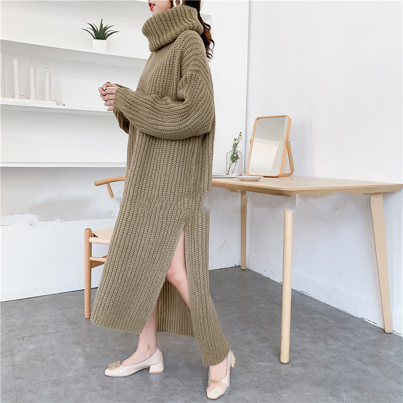 Winter Padded High-necked Long Over-the-knee Sweater Skirt Women