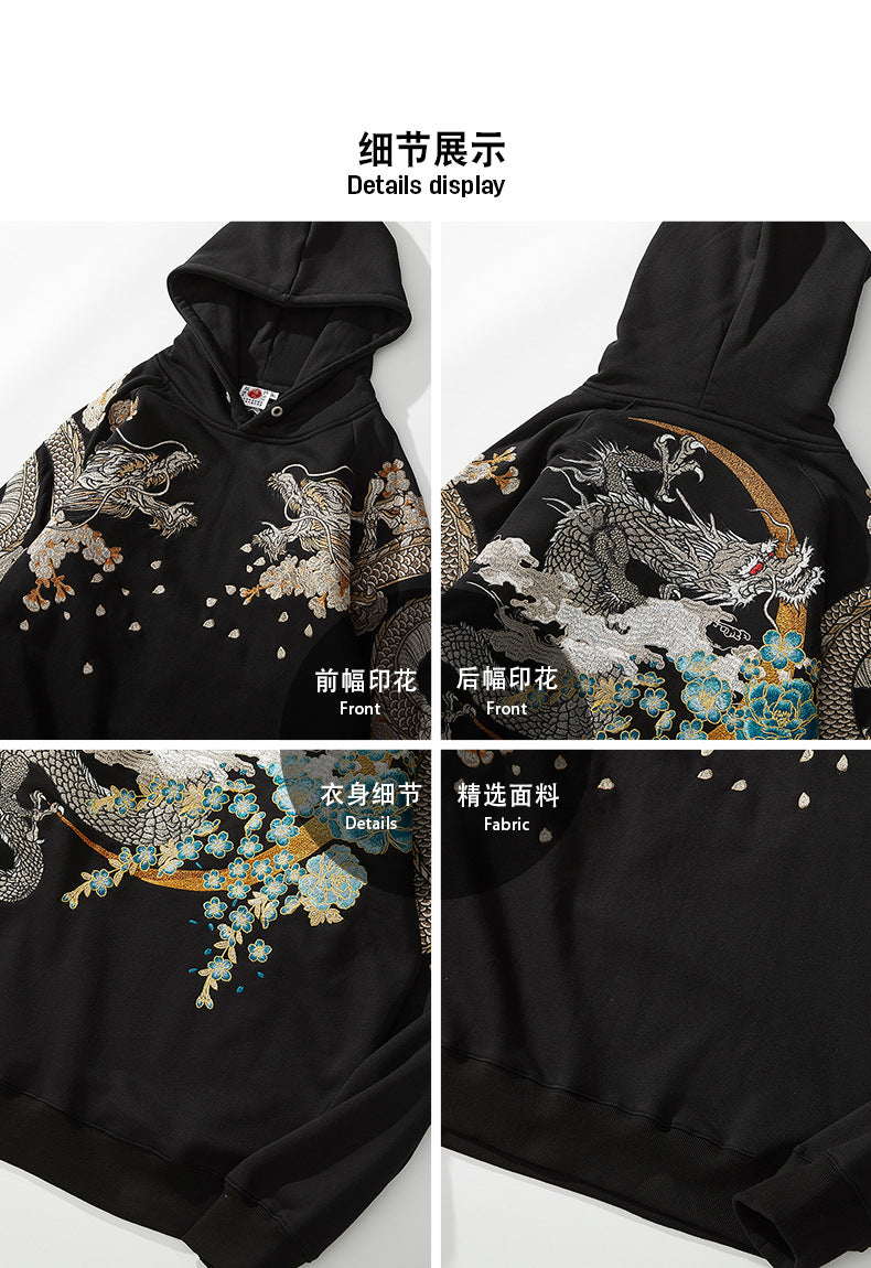 High Street Black Loose Long Sleeve Streetwear Phoenix Dragon Sakura Embroidered Fashionable Men Boys Pullover Tops Hoodies L