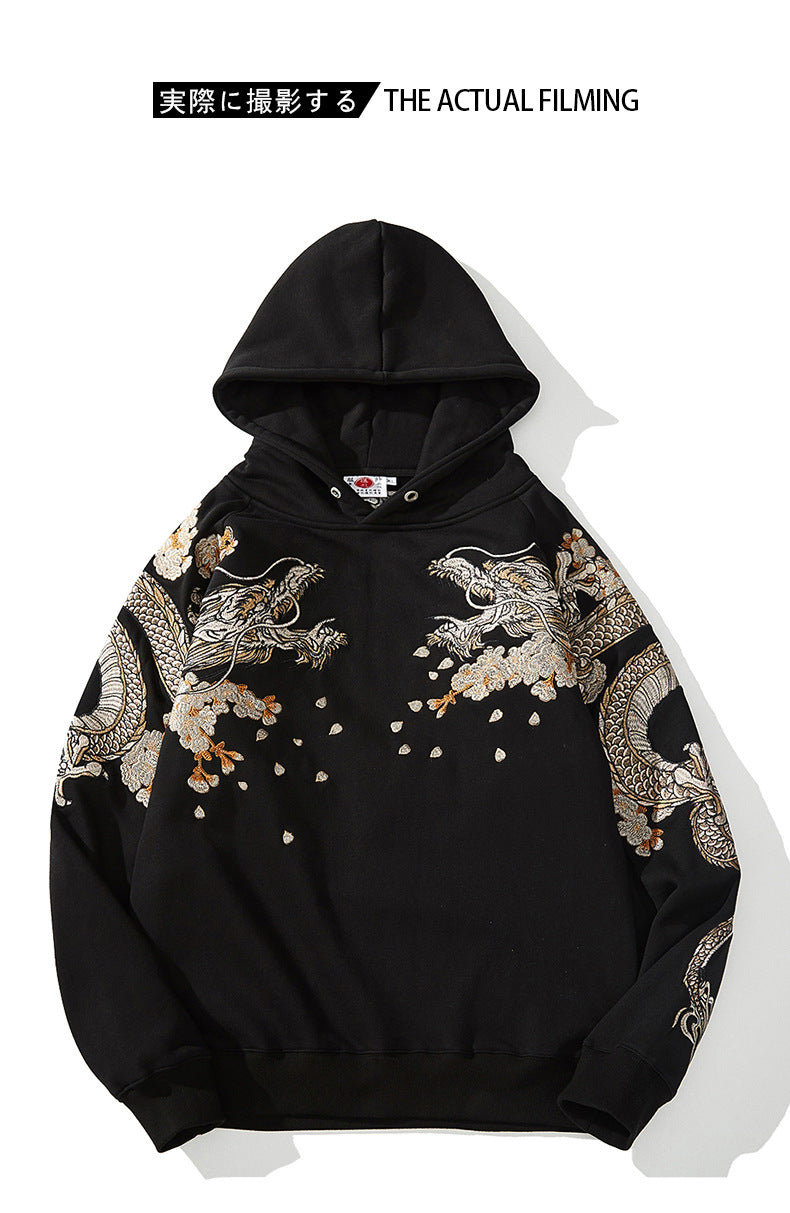 High Street Black Loose Long Sleeve Streetwear Phoenix Dragon Sakura Embroidered Fashionable Men Boys Pullover Tops Hoodies L