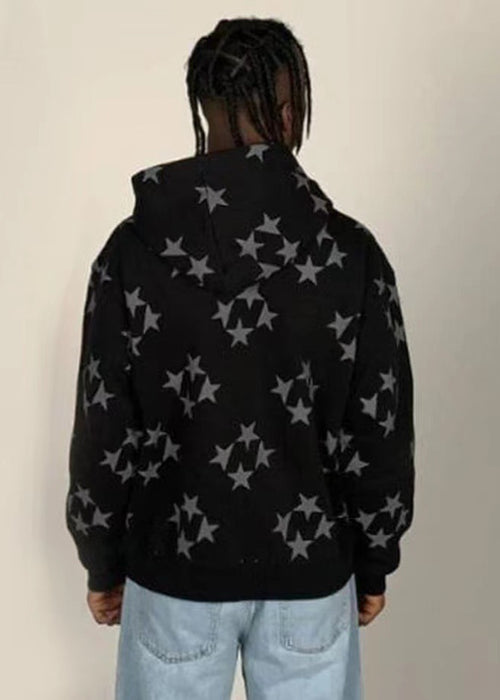 Stars Printed Zipper Hooded Cardigan Couple Fashion Outerwear Hoodies Sweatshirt Street Men Women Coat