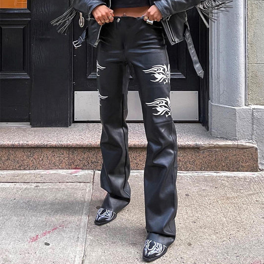 Black Printed High-waisted Abdomen-hip Wide-leg Leather Pants