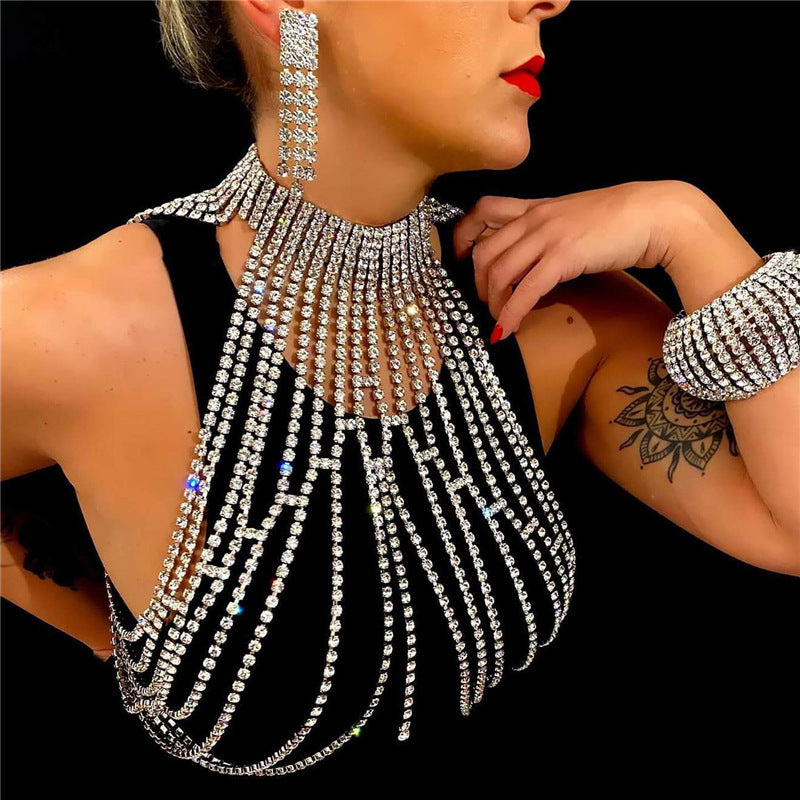 Fashion Exaggerated Long Tassel Rhinestone Chest Chain Accessories