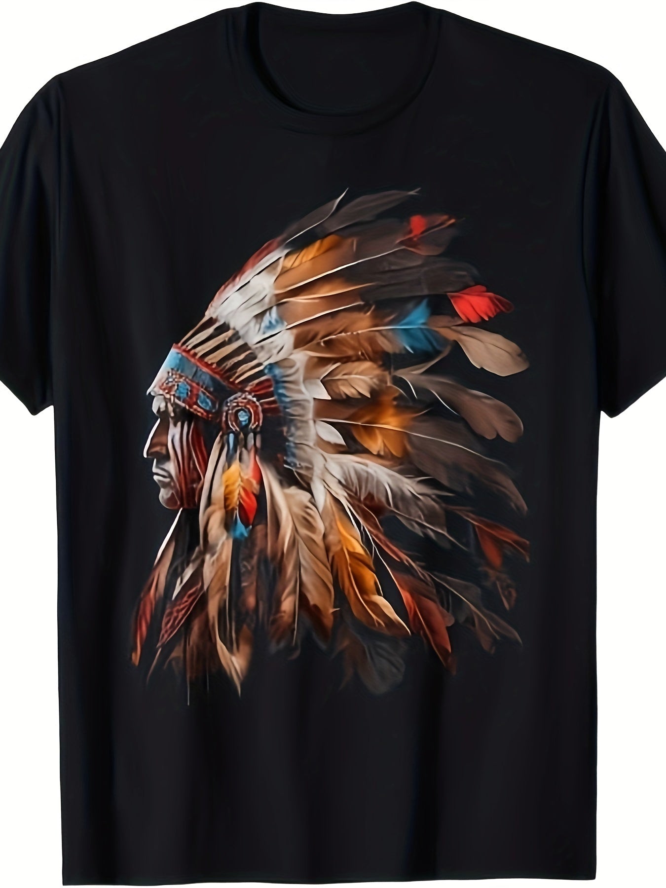 Indian Headdress Pattern T-shirt For Men, Summer Pattern Printed Short Sleeved T-shirt