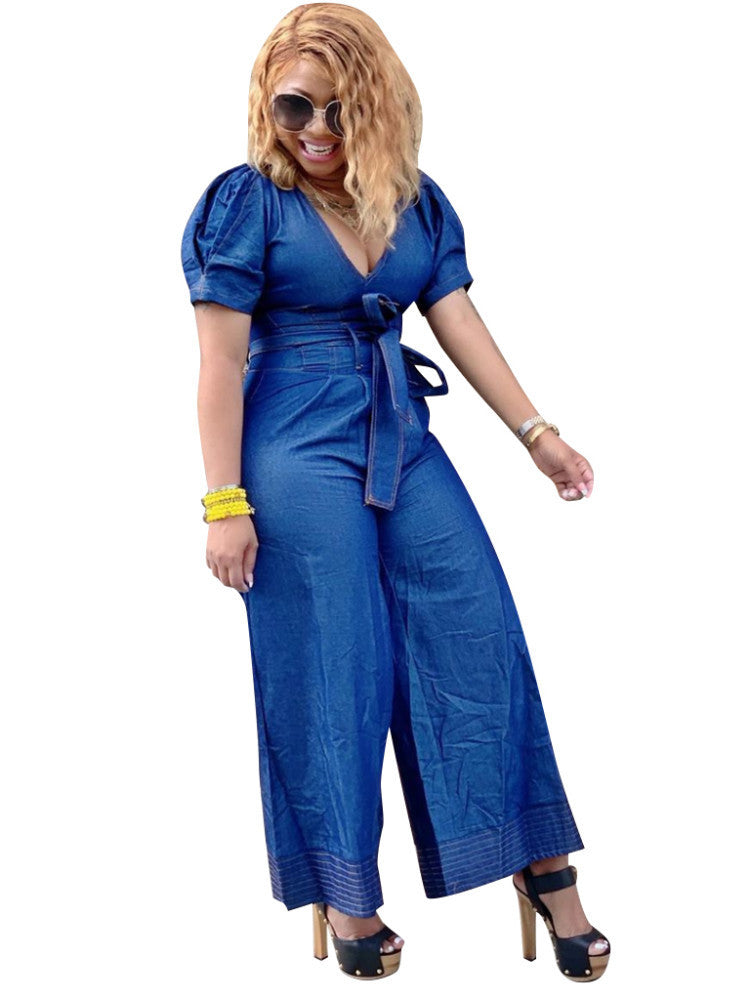 Wide-leg denim jumpsuit with belt