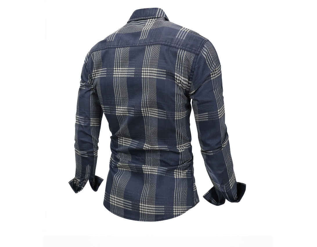 Large size men's denim long sleeve plaid shirt shirt