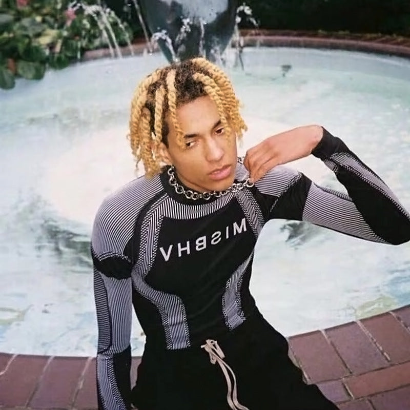 Fashion contrast line design slim high neck top