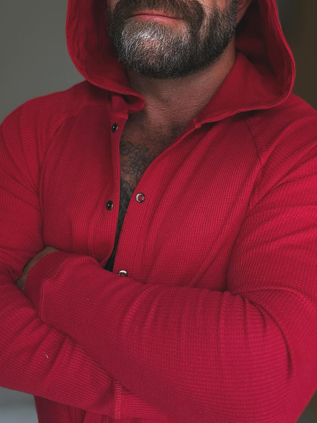Red Hooded Button - Front Onesie