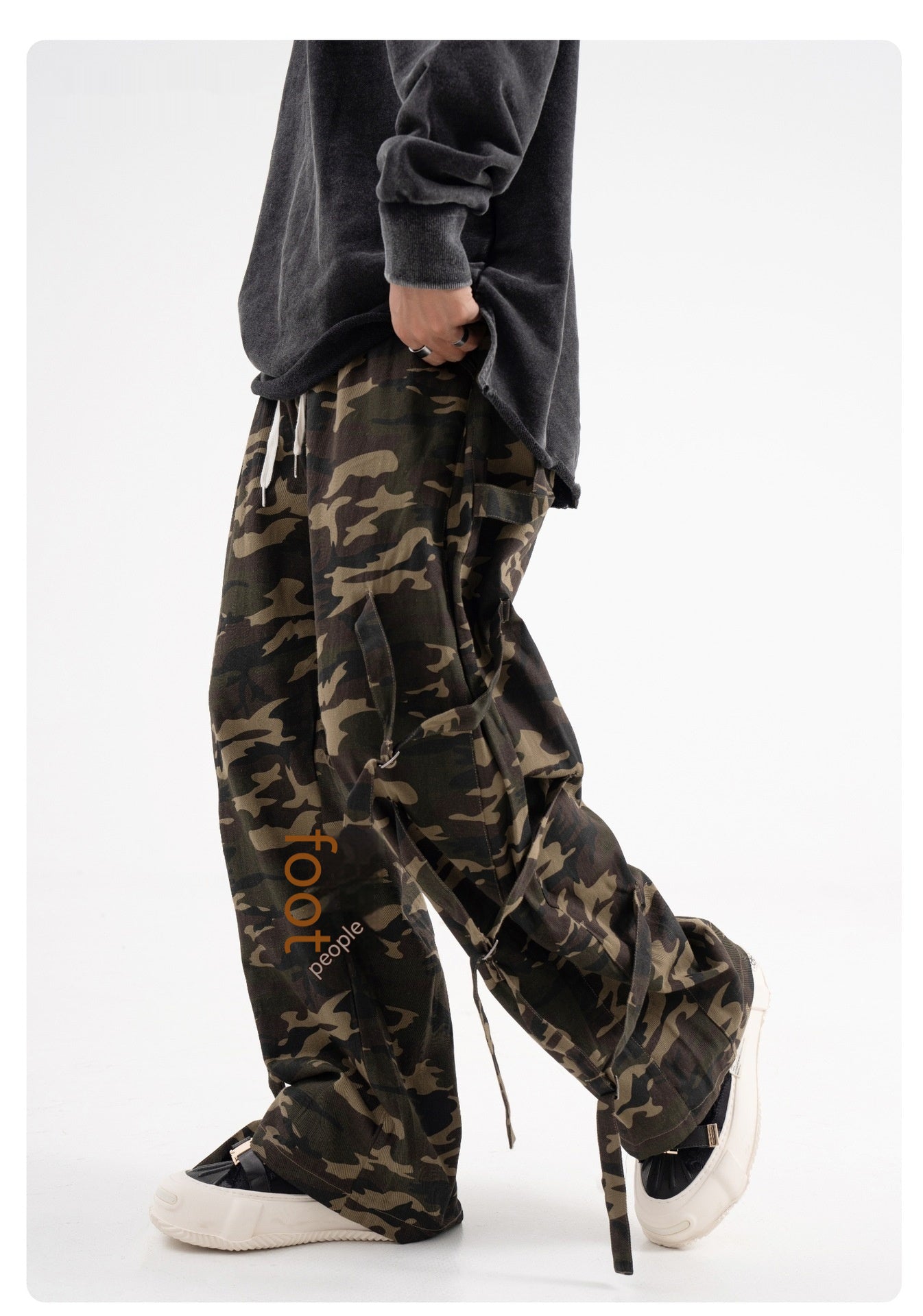 American Retro Elastic Waist Drawstring Camouflage Cargo Pants Couple Street Fashion Ribbon Straight