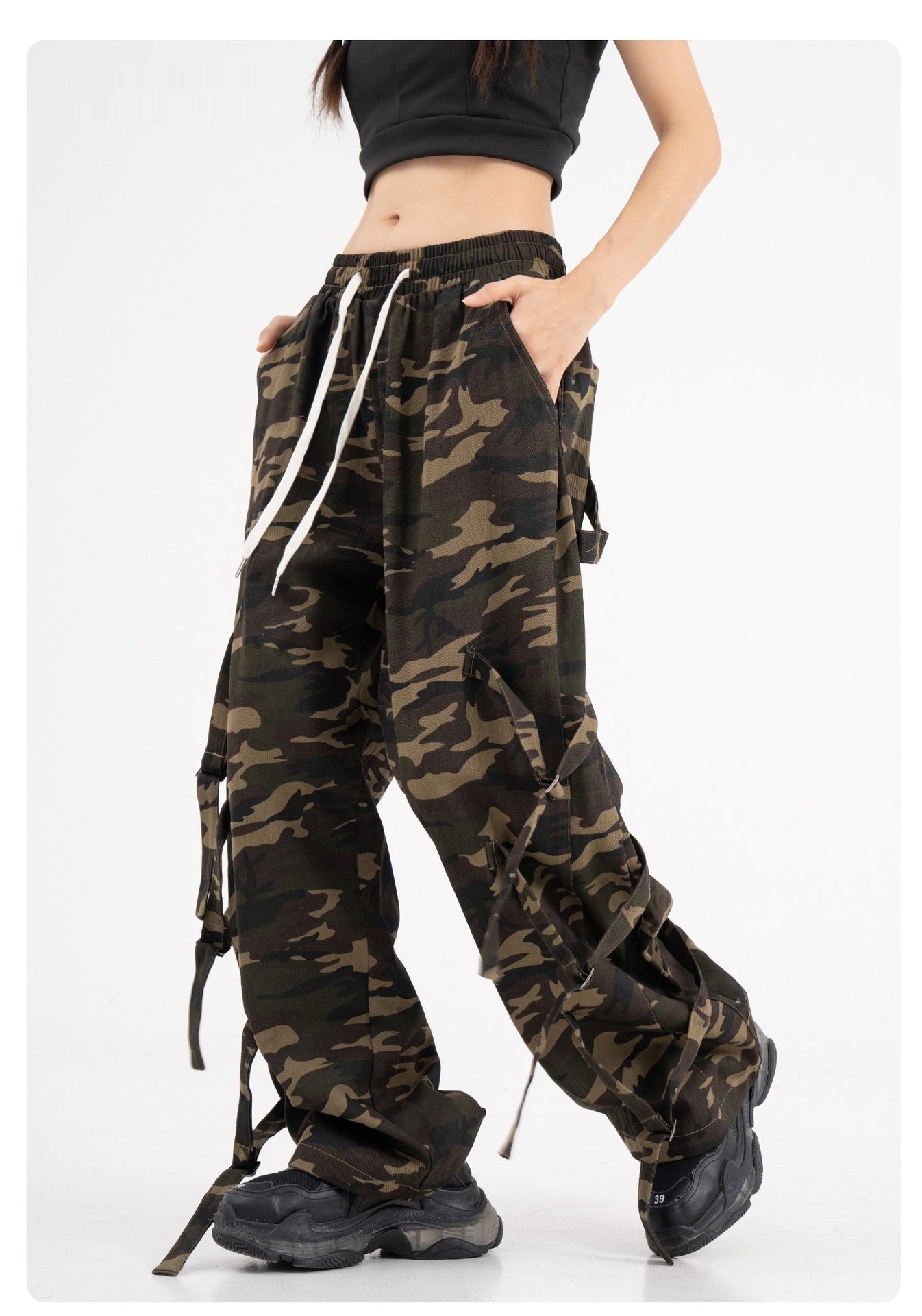 American Retro Elastic Waist Drawstring Camouflage Cargo Pants Couple Street Fashion Ribbon Straight