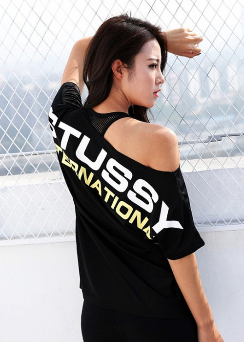 New summer loose off-shoulder women printed letter short-sleeved fitness gym running sports quick-drying yoga t-shirt tops