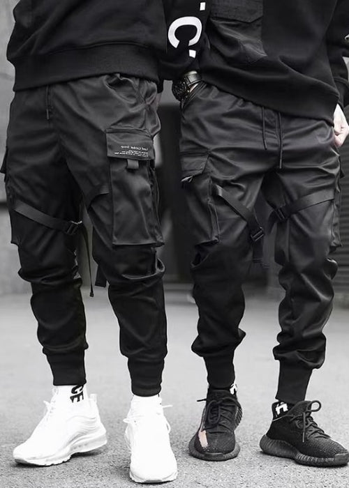 Ribbons Harem Joggers Men Cargo Pants Streetwear Hip Hop Casual Pockets Cotton Track Pants